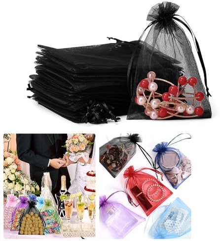 Paquete de 100 bolsas de regalo de malla pequeñas, bolsas de joyería con cordón, bolsas de malla de organza para regalos (negro, 20 x 30 cm)