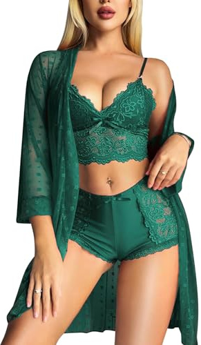 RSLOVE Sexiga Underkläder för Kvinnor Set – Spets-BH och Trosor med Nätrock 3-delad Babydoll Nattkläder Grön XXL