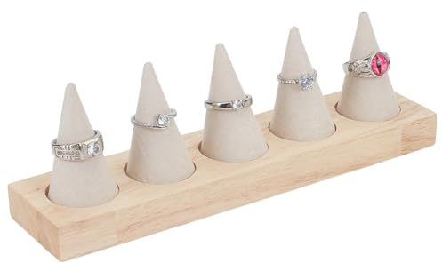 PH PandaHall Ringhållare i trä, 5 koner, sammet, ring, displaystativ, beige, smyckeshållare, smycken, monter för kvinnor, detaljhandelsutställning, vigselring, hållare, förvaring, rum, dekoration