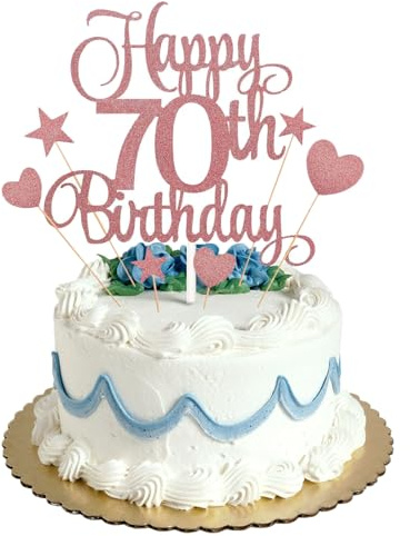 70th Happy Birthday Cake Topper Rose Gold Glitter,Personalised Cake Toppers for Grandfather Grandmother Dad Mom Uncle Birthday Party Cake Decorations Kit with Star Heart Cupcake Topper