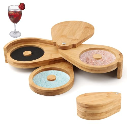 Margarita Salt Rimmer Set,3-Tier Salt Rimmer for Cocktails Bamboo Wood Glass Rimmers Box with 3 Sponges for Manhattan Drinks Bar Party Accessories Cocktail Bartender Tool(wood,Size:8.87 * 2.64inch)