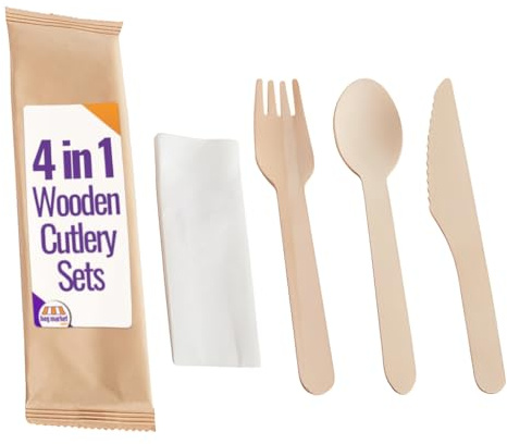 Bag Market | 4in1 Individually Wrapped Disposable Wooden Cutlery Sets - 1 Case / 250 Sets - Knife, Fork, Spoon and 2 Ply Napkin - Biodegradable