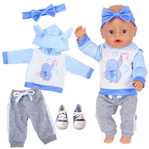 Baby Doll Clothes for 14-18 Inch Baby Doll, 4 Pcs Cute Doll Outfits with Hoodie Pants Shoes Headband for Baby Doll 30-45 cm, New Baby Dolls Clothing Girls Present Gifts