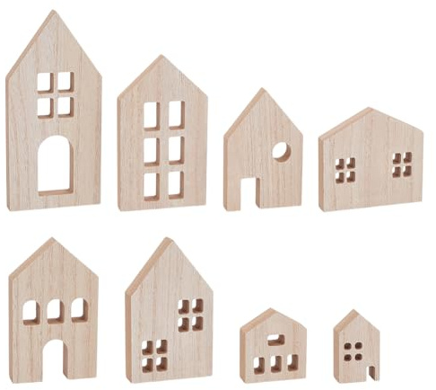 OLYCRAFT 8 Piece Wooden House Blocks Blank Unfinished House Block MDF Craft Blocks Wooden Houses Craft Kit Decorative Pieces for DIY Painting Home Kitchen Office Shelf Coffee Bar Decor