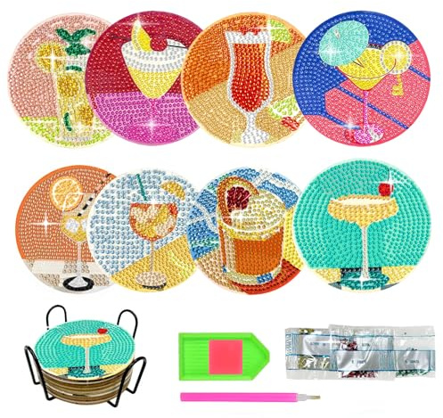 Cocktail Diamond Painting Untersetzer, 8 Stück Tassenuntersetzer with Holder, Untersetzer Gläser, Basteln Erwachsene für Erwachsene und Anfänger, Malerei Glasuntersetzer, Küchen Rutschfest Tisch Deko
