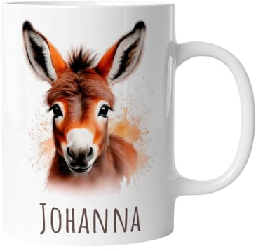 timalo Kindertasse mit Namen | Süßer brauner Esel | Personalisierte Keramik Tasse mit Tieren | für Kinder, Jungen & Mädchen – Geschenk, Geburtstagsgeschenk, Namensgeschenke, Kaffeetasse