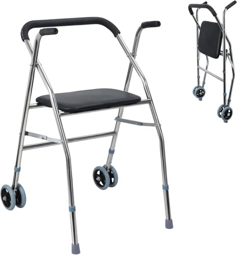 Tragbarer Gehhilfe, Aluminium-Klappwalker mit Rädern & Sitz, höhenverstellbarer Rollator, leichte Mobilitätshilfe, Reise-Walker für ältere Menschen, rts bis zu 150 kg, Schwarz