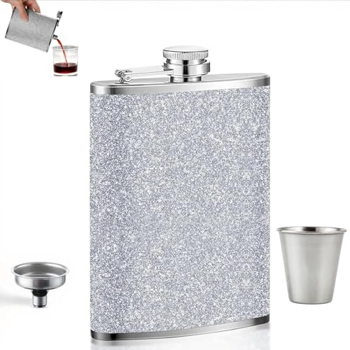 3-Piece Silver Hip Flask Alcohol Set with Funnel and Cups, 8oz Portable Stainless Steel Flask Alcohol, Hip Flasks for Womenz, Hip Flasks for Men for Barbecuing Camping Hiking Biking Parties