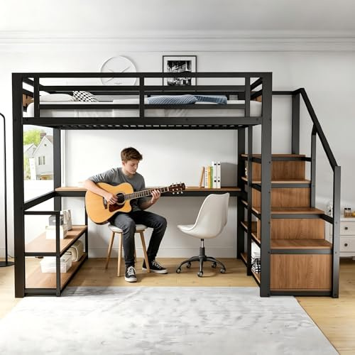 Su & Chan Legence Metall Hochbett 140x200 mit Schreibtisch, Regalen und Aufbewahrungstreppe, Betten mit Lattenrost, Schwarz, Ohne Matratze