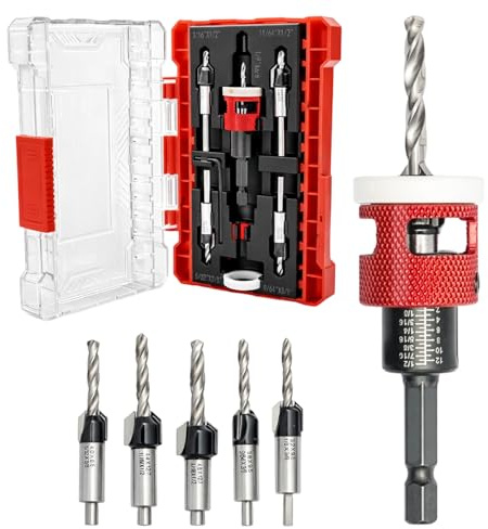 GREENSAPPIRE 5-Piece Countersink Drill Bit Set for Wood, HSS-M2 Countersink Bits with Adjustable Depth Stop, 1/4 Hex Shank, 82° Countersink, Precise Pilot Drills for Woodworking (3.2–4.8 mm)
