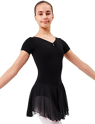 tanzmuster ® Ballettkleid Mädchen Kurzarm - Betty - Gr. 92-170 - Glitzersteine - Baumwolle - Ballettbody Kinder Ballett Trikot