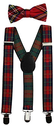 Kids Suspenders and Bow Tie Set (Elastic Adjustable) (Plaid)