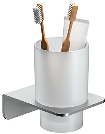 WEISSENSTEIN Portaspazzolini da bagno adesivo 3M - Acciaio inox - Bicchiere portaspazzolini in vetro smerigliato