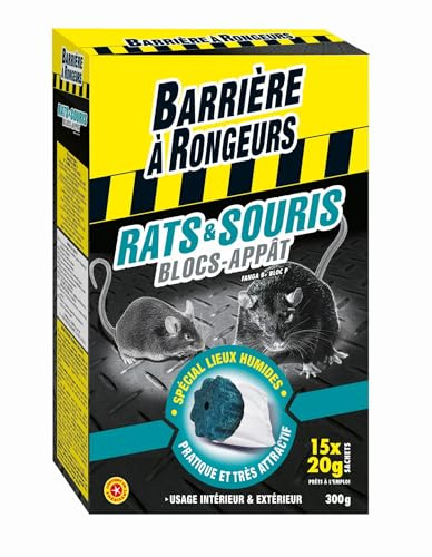 BARRIERE A RONGEURS Blocs-Appât Contre l'invasion des Rats & Souris, Prêt à l'emploi, 15 Blocs, BARASOBLOC300, Noir