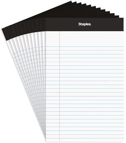 STAPLES Notepads, 5” x 8”, Narrow Ruled, White, 50 Sheets/Pad, 12‑Pack