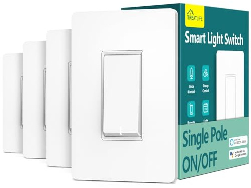 TREATLIFE Smart Light Switch Single Pole Works with Alexa, Google Home and SmartThings, 2.4GHz WiFi Timer Smart Switch, Neutral Wire Required, No Hub Required, FCC Listed, 4 Pack