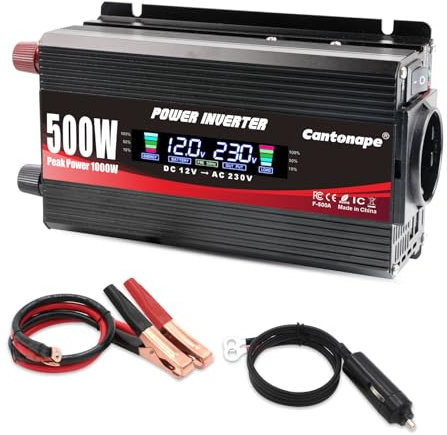 Cantonape Convertisseur 12v 220v 500W/1000W onduleur de Voiture, Convertisseur pour Voiture avec écran LCD Moniteur, 3.1A Double transformateur de Chargeur de Voiture Rapide USB