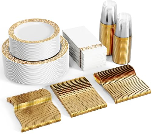 FOCUSLINE 350 Ct Gold Dinnerware Set for 50 Guests, Gold Lace Plastic Plates Disposable Heavy Duty, Including 50 Dinner & Dessert Plates, Cups, Napkins, Cutlery Set