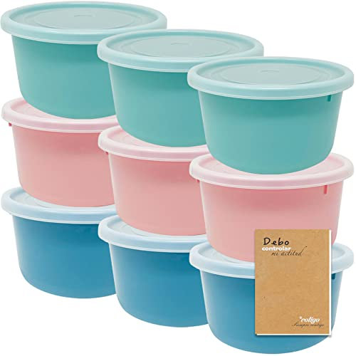 Codil - Set di contenitori in plastica per alimenti, rotondi, riutilizzabili senza BPA, con coperchio, adatti per lavastoviglie microonde e congelatore, (rosa verde e blu, 9 x 0,6 l)