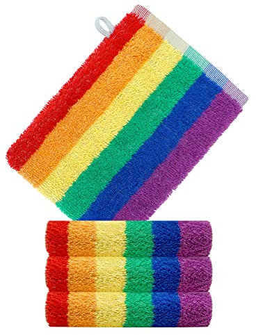 Lashuma Waschhandschuhe Frottee 15x21 cm, 4X Handtücherset Waschlappen gestreift Regenbogen Optik