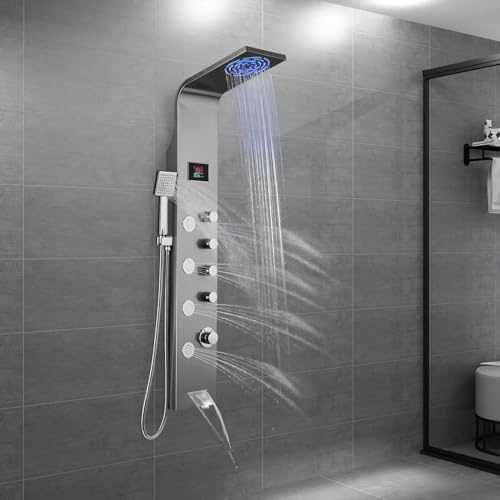 ROVOGO Shower Panel Tower with Rainfall Shower, Body Jets, Handheld and Tub Spout, No Battery Needed Led Lights and Temp Display, Unibody Shower Column 304 Stainless Steel, Brushed