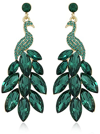 Vintage Peacock Dangle Earrings for Women Girls 14K Gold Plated Green Crystal Feather Peafowl Statement Drop Dangling Stud Earring Boho Exaggerated Birthday Holiday Jewelry Gifts