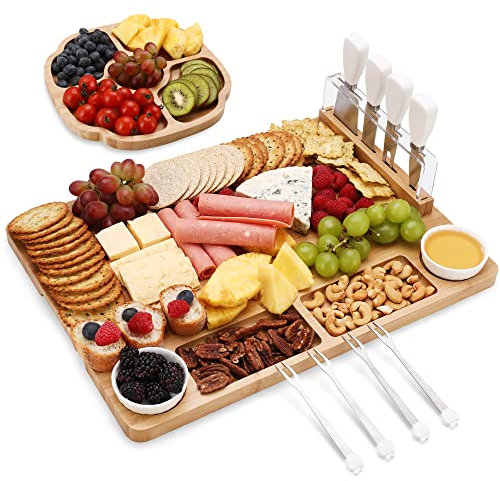 hecef Bambus Käsebrett & Serviertablett, Lager Käseplatte Set von 13-4 Käsemesser Set, 2 Keramikschalen, 4 Server Gabeln, Charcuterie Board Set Geschenke für Jahrestag Hochzeit Geburtstag