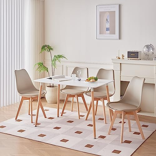 GrandCA HOME Rechteckiger Esstisch mit 4 Esszimmerstühlen, geeignet für Esszimmer, Küche, Wohnzimmer, weißer Esstisch und beige Stühle