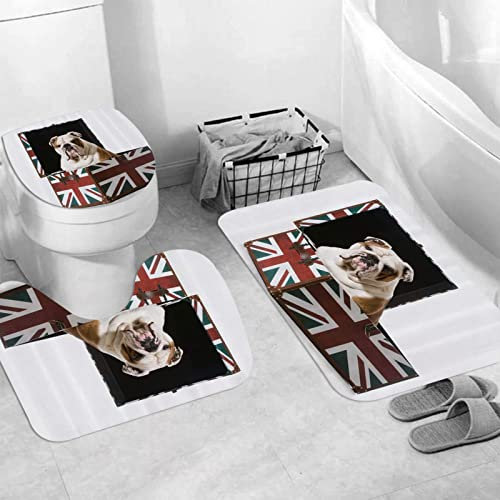 Badteppich 3 Stück Weiche saugfähige Badematten,Englische Bulldogge sitzend in Union Jack Britain Themed Box Patriotic Design,Rutschfeste Badematte Teppiche & Toilettendeckelabdeckung Set Waschbar