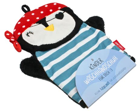 Dekohelden24 ***Waschhandschuh/Waschlappen/Kinder-Waschhandschuh mit Schlaufe, Motiv: Pinguin, 100% Baumwolle, Größe H/B ca. 24 x 20 cm
