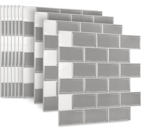 JOIEYOU Fliesenaufkleber, 10 Stück Klebefliesen aus PVC, Peel and Stick Tiles Wandfliesen Selbstklebend 30x30 cm für Küchen Bad - Grau Fliese