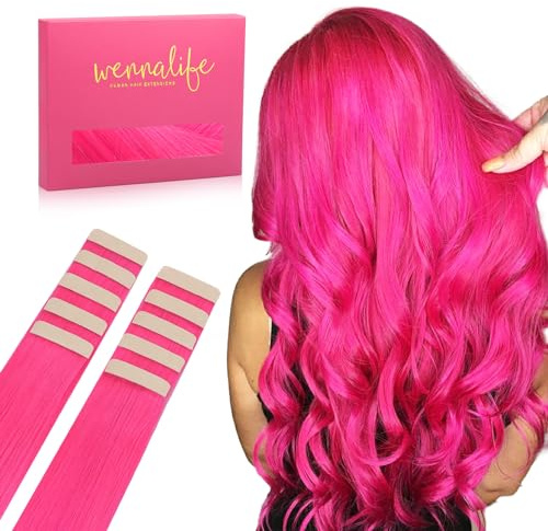 WENNALIFE Tape Extensions Echthaar,10pcs 25g 40cm, Heißes Rosa, Remy Invisible Tape Extensions Seidig Gerade haarverlängerung Skin Weft Tape Ins