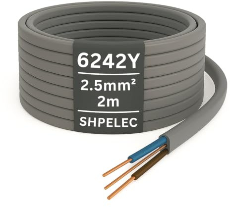 SHPELEC® 6242YH Twin and Earth Cable - 2.5mm 2m | Electrical Mains Socket Ring Wire BASEC Approved - Multiple Lengths (2 metres - 2.5mm Twin and Earth Cable)