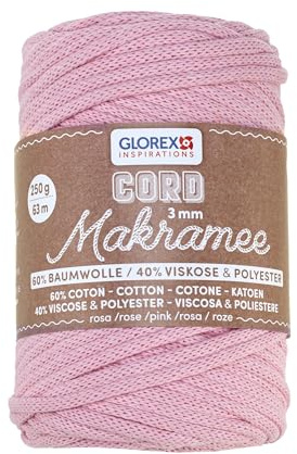 GLOREX 5 1006 30 - Makramee Cord 3 mm, 250 g, Rosa, Länge 63 m, gewebtes Textilgarn, 60 % Baumwolle, 40 % Viskose und Polyester, zum Häkeln, Stricken, Knüpfen und Gestalten