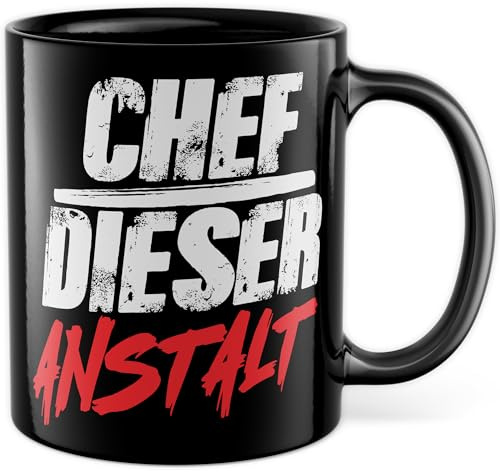 Pagma Druck Chef Tasse mit Spruch - Geschenk 'Chef dieser Anstalt' - Kaffeetasse 330ml aus Keramik - Klinikleiter Boss Bürotasse Wichtelgeschenk lustig Psychiatrie Witz Kaffee-Becher Abteilungsleiter