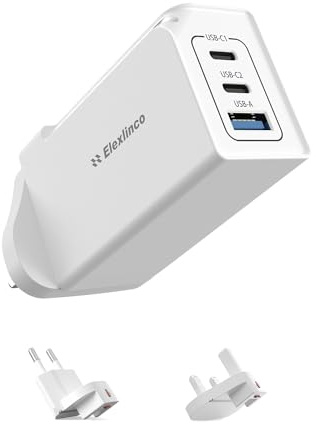 65W USB C Plug, Elexlinco GaN II Fast Charger, 3-Port USB C Charger Plug with UK, US, EU Travel Adapter, Compatible with MacBook Pro/Air, HP Laptops, iPad, iPhone 15/Pro/Max, Galaxy S24/S23 and More