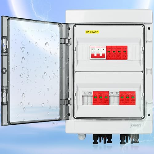 Warmfay Überspannungsschutz PV Blitzschutz 32A 1000V DC Trennschalter PV Anlage 2 String 24 Module AC 400V Leitungsschutzschalter, IP65 Wasserdichtes Solar PV Anschlusskasten für Photovoltaik