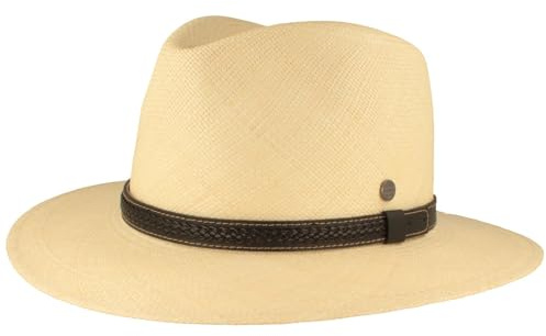 Bred original Panamahatt stråhatt av Ecuador läderband handflätad hatt UV-skydd brottskydd solhatt, Natur - band svart, 59/60