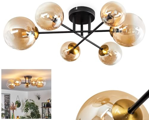 HOFSTEIN Deckenleuchte Chehalis, Deckenlampe aus Metall/Glas in Schwarz/Gold/Bernstein/Klar, Leuchte im Vintage-Design, Ø Schirme 10; 12; 15 cm, 6 x G9, Esszimmer, Schlafzimmer, Wohnzimmer, Küche