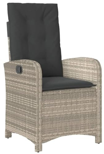 vidaXL Gartensessel mit Kissen, Gartenstuhl mit Verstellbarer Rückenlehne, Liegestuhl mit Stahlrahmen, Sessel Stuhl Relaxsessel, Hellgrau Poly Rattan