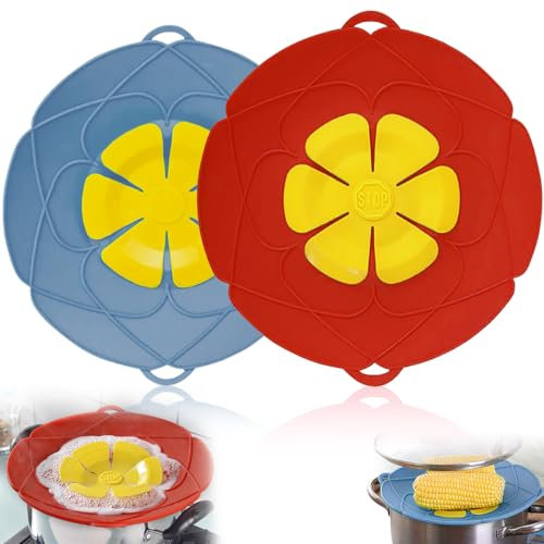 Spill Stopper Lid Cover,2Pcs Silicone Pan Lid 10&11.5 Splatter Guard Pots Boil Over Safeguard Multi-Function Kitchen Tool Kitchen Gadgets (Red, Blue)