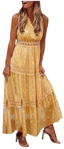 DeaAmyGline Sommerkleid Damen Lang Strandkleid Sommer Boho Kleid V-Ausschnitt mit Spitze Stickerei Punkte Maxikleid Brautkleid Hochzeit Gast Kleider Festlich Elegant Abendkleid Partykleid für Fauen