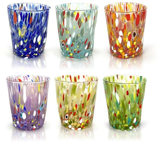 MAZZEGA ART & DESIGN - 6 vasos Goto Tumbler de vidrio soplados y hechos a mano con Murrine Murano - I Colori di Murano - Vaso de agua Tumbler Colombina 350 ml. Made in Italy (6, MIX)
