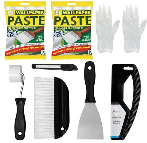 Wallpaper Paste Kit - Set Includes 2x10 Roll Adhesive Wallpaper Paste and Kit Containing Smoother, Roller, Hanging Brush, Scraper, Trimmer and Gloves