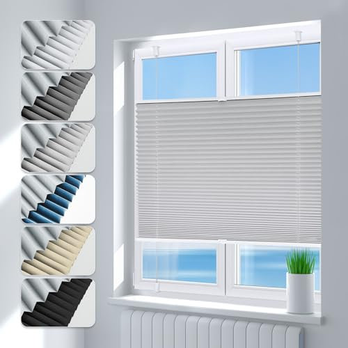 Deswell Plissee ohne Bohren Verdunkelung Klemmfix Verdunklungsplissee B100 x H140 cm Hellgrau, 100% Blickdicht lichtundurchlässig Thermo Plissee Faltrollo Sichtschutz Sonnenschutz für Fenster Tür
