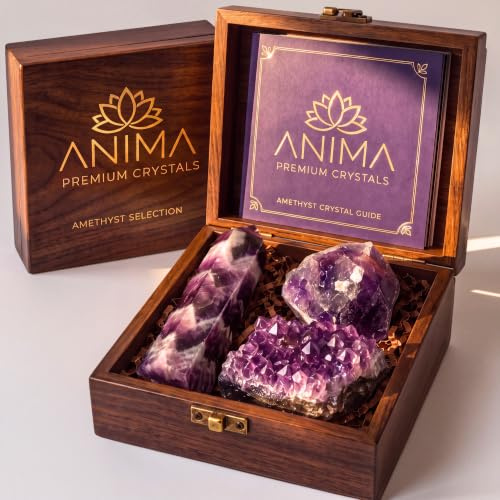 Anima® Set de Amatista para Paz, Intuición y Descanso | Elegante caja de regalo de madera con torre, cristal en bruto y pequeña geoda de amatista, más una guía detallada