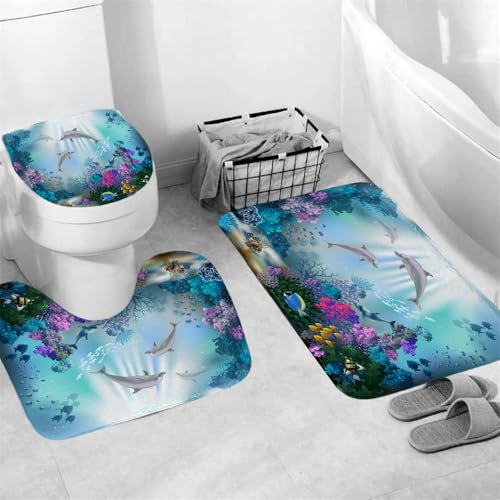 3Pcs Sea World Dolphin Bath Rug Set, Non-Slip Bath Mat, Toilet Lid Cover and U-Shaped Contour Rug Absorbent Washable Bathroom Rug Set(Toilet Set)