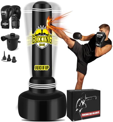 JUOIFIP Boxsack Stehend Erwachsene, 180cm Freistehender Aufblasbare Standboxsack mit Boxhandschuhen und Luftpumpe für Taekwondo Boxen Karate