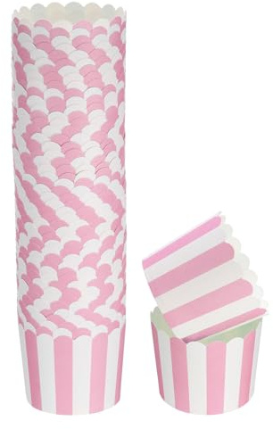 QUARKZMAN 50pcs Moldes de Papel para Hornear de 6oz, Resistentes a la Grasa, Desechables, para Magdalenas, Muffins, Envolturas para Bodas, Cumpleaños, Graduaciones, Rayas Rosas