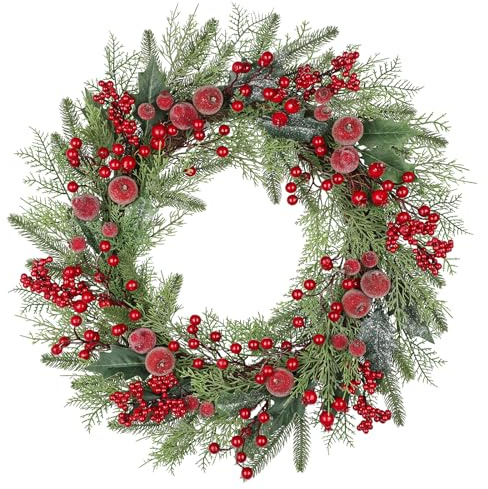 Hollyone Weihnachtskranz Türkranz für Weihnachten, Ø 60CM Künstliche Kränze für Haustür mit Roten Beeren, Apfel und Tannennadeln, Winterkranz für Weihnachtsdeko Fenster Wand Feiertagsdeko